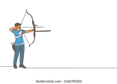 One continuous line drawing of young archer man pulling bow to shooting an archery target. Archery sport training and exercising concept. Dynamic single line draw design graphic vector illustration
