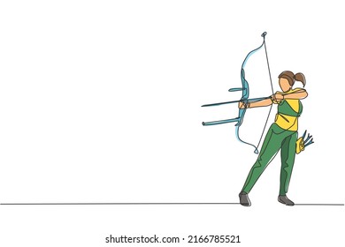 One continuous line drawing of young archer woman pulling the bow to shooting an archery target. Archery sport training and exercising concept. Dynamic single line draw design vector illustration