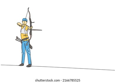 Un dibujo de una línea continua de un joven arquero que tira una reverencia hacia un blanco de tiro con arco. Entrenamiento deportivo y ejercicio de conceptos. Gráfico vectorial de diseño de dibujo de línea única dinámica