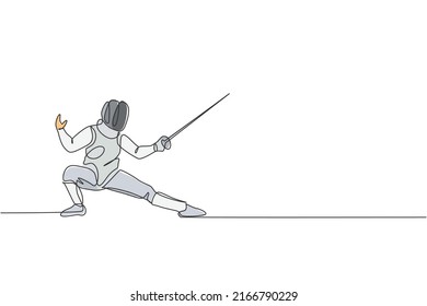 One continuous line drawing of young man fencing athlete practice fighting on professional sport arena. Fencing costume and holding sword concept. Dynamic single line draw design vector illustration