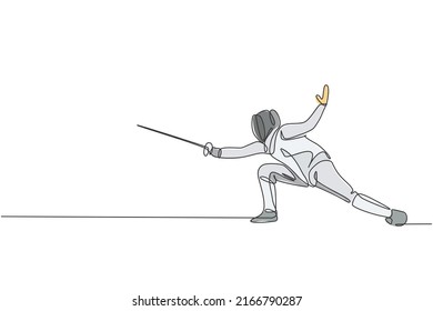 One continuous line drawing of young woman fencing athlete practice fighting on professional sport arena. Fencing costume and holding sword concept. Dynamic single line draw design vector illustration