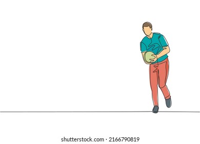 One continuous line drawing of young happy bowling player man throw ball into lane to hit the pin. Healthy sport and lifestyle activity concept. Dynamic single line draw design vector illustration