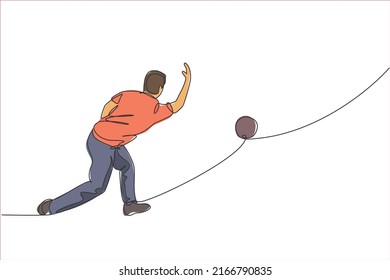 One continuous line drawing of young happy bowling player man throw ball into lane to hit the pin. Healthy sport and lifestyle activity concept. Dynamic single line draw design vector illustration