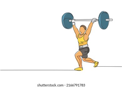 One continuous line drawing of young bodybuilder man doing exercise with a heavy weight bar in gym. Powerlifter train weightlifting concept. Dynamic single line draw design vector graphic illustration