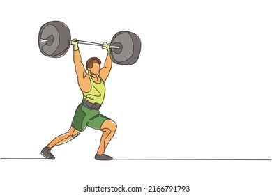 One continuous line drawing of young bodybuilder man doing exercise with a heavy weight bar in gym. Powerlifter train weightlifting concept. Dynamic single line draw design graphic vector illustration