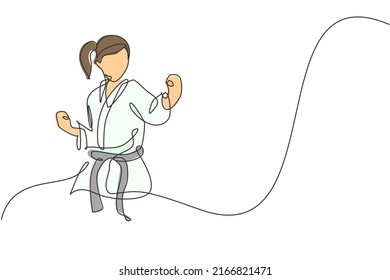 One continuous line drawing of young talented karateka girl train pose for duel fighting at dojo gym center. Mastering martial art sport concept. Dynamic single line draw design vector illustration