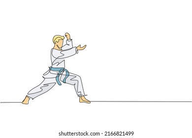 One continuous line drawing of young talented karateka man train pose for duel fighting at dojo gym center. Mastering martial art sport concept. Dynamic single line draw design vector illustration