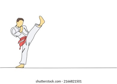One continuous line drawing of young talented karateka man train pose for duel fighting at dojo gym center. Mastering martial art sport concept. Dynamic single line draw design vector illustration