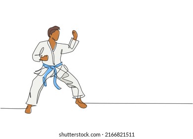 One continuous line drawing of young talented karateka man train pose for duel fighting at dojo gym center. Mastering martial art sport concept. Dynamic single line draw design vector illustration