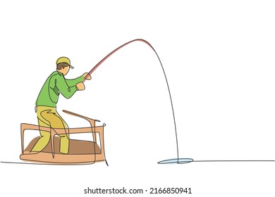 One continuous line drawing of young happy fisherman standing and fishing from ferry boat at the ocean. Fishing leisure hobby vacation concept. Dynamic single line draw design vector illustration