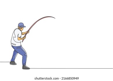 One continuous line drawing of young happy fisherman standing and fishing bait a fish at riverside. Fishing leisure hobby vacation concept. Dynamic single line draw design vector illustration graphic