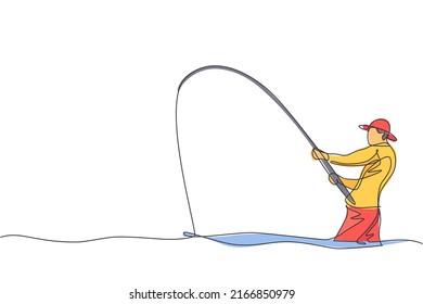 One continuous line drawing of young fisherman happy standing and fishing a fish on lake streaming. Fishing leisure hobby vacation concept. Dynamic single line draw design graphic vector illustration