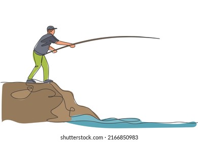 One Continuous Line Drawing Of Young Fisherman Happy Standing And Fishing On A Side Lake Land Hill. Fishing Leisure Hobby Vacation Concept. Dynamic Single Line Draw Design Graphic Vector Illustration