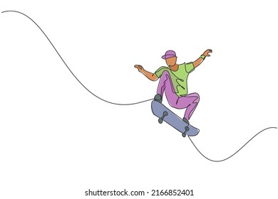 One continuous line drawing of young cool skateboarder man riding skateboard and doing a jump trick in skatepark. Extreme teenager sport concept. Dynamic single line draw design vector illustration