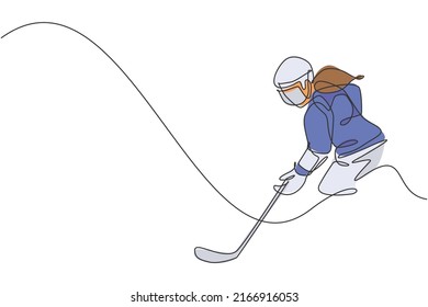 Una línea continua de un joven jugador profesional de hockey sobre hielo haciendo ejercicio y practicando en un estadio de pista de hielo. El concepto de deporte extremo saludable. Ilustración vectorial de diseño de línea única dinámica