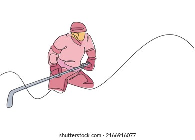 One continuous line drawing of young professional ice hockey player exercising and practicing on ice rink stadium. Healthy extreme sport concept. Dynamic single line draw design vector illustration