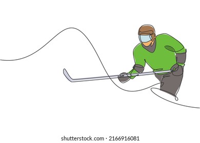 One continuous line drawing of young professional ice hockey player exercising and practicing on ice rink stadium. Healthy extreme sport concept. Dynamic single line draw design vector illustration