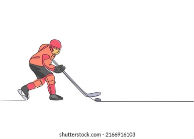 One continuous line drawing of young professional ice hockey player exercising and practicing on ice rink stadium. Healthy extreme sport concept. Dynamic single line draw design vector illustration