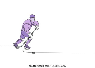 One continuous line drawing of young professional ice hockey player exercising and practicing on ice rink stadium. Healthy extreme sport concept. Dynamic single line draw design vector illustration