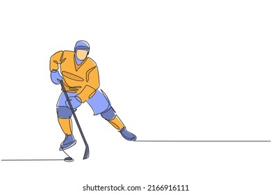 One continuous line drawing of young professional ice hockey player exercising and practicing on ice rink stadium. Healthy extreme sport concept. Dynamic single line draw design vector illustration