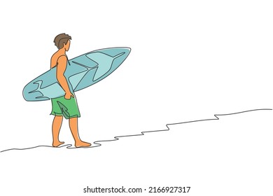 One continuous line drawing of young happy tourist surfer walking on sandy beach and carrying surfboard. Extreme watersport concept. Summer holiday. Dynamic single line draw design vector illustration