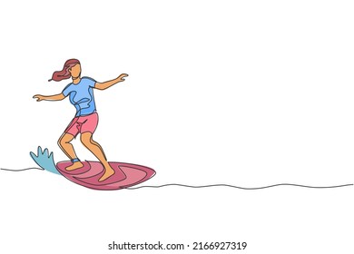 One continuous line drawing young happy tourist surfer exercising surfing on wavy ocean. Healthy extreme watersport concept. Summer holiday. Dynamic single line draw design vector graphic illustration