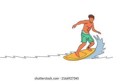 One continuous line drawing young happy tourist surfer exercising surfing on wavy ocean. Healthy extreme watersport concept. Summer holiday. Dynamic single line draw design vector illustration graphic