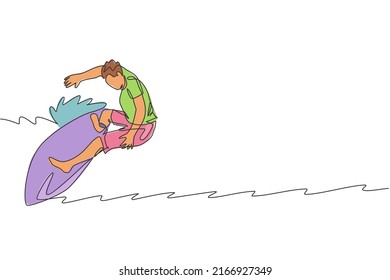 One continuous line drawing young happy tourist surfer exercising surfing on wavy ocean. Healthy extreme watersport concept. Summer holiday. Dynamic single line draw design vector graphic illustration