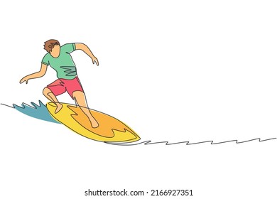 One continuous line drawing young happy tourist surfer exercising surfing on wavy ocean. Healthy extreme watersport concept. Summer holiday. Dynamic single line draw design vector illustration graphic