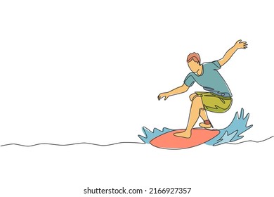 One continuous line drawing young happy tourist surfer exercising surfing on wavy ocean. Healthy extreme watersport concept. Summer holiday. Dynamic single line draw graphic design vector illustration