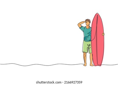 One continuous line drawing young happy tourist surfer holding surfboard at sandy beach. Healthy extreme watersport concept. Summer holiday. Dynamic single line draw graphic design vector illustration