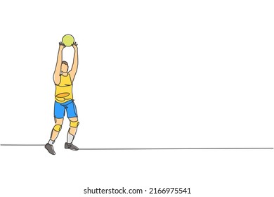 One continuous line drawing of young male professional volleyball player in action on court. Healthy competitive team sport concept. Dynamic single line draw design graphic vector illustration