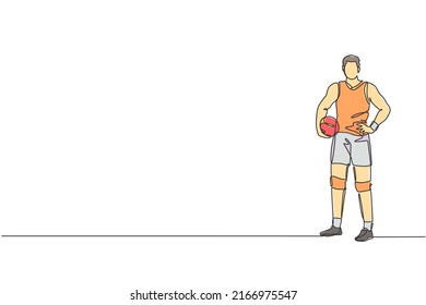 Un dibujo de línea continua de un joven jugador de voleibol profesional masculino posan en la cancha. Un concepto deportivo de equipo competitivo saludable. Ilustración gráfica vectorial de diseño de línea única dinámica