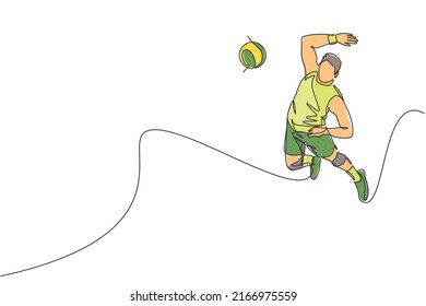 One continuous line drawing of young male professional volleyball player in action jumping smash on court. Healthy competitive team sport concept. Dynamic single line draw design vector illustration