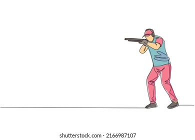 One continuous line drawing of young man on shooting training ground practice for competition with rifle shotgun. Outdoor shooting sport concept. Dynamic single line draw design vector illustration