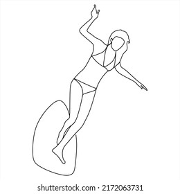 One continuous line drawing young happy tourist surfer exercising surfing on wavy ocean. Healthy extreme watersport concept. Summer holiday. Dynamic single line draw design vector graphic illustration