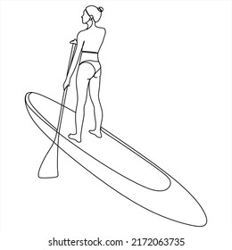 One continuous line drawing young happy tourist surfer exercising surfing on wavy ocean. Healthy extreme watersport concept. Summer holiday. Dynamic single line draw design vector graphic illustration