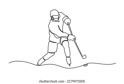 One continuous line drawing of young professional ice hockey player exercising and practicing on ice rink stadium. Healthy extreme sport concept. Dynamic single line draw design vector illustration.