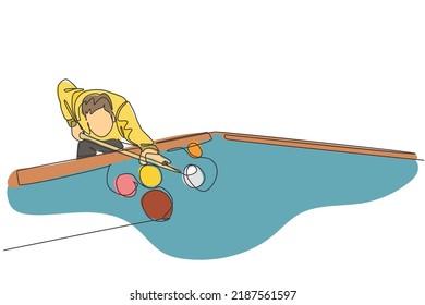 One continuous line drawing of young handsome man focus aiming before hit the pool billiard balls with stick. Tournament indoor sport game concept. Dynamic single line draw design vector illustration