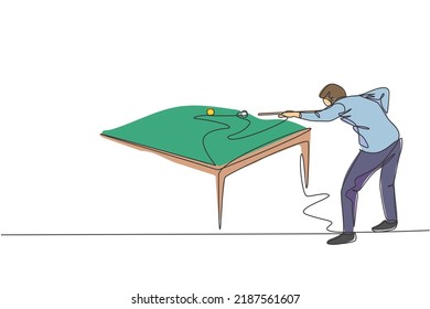 One continuous line drawing of young handsome man focus aiming before hit the pool billiard balls with stick. Tournament indoor sport game concept. Dynamic single line draw design vector illustration