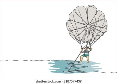 One continuous line drawing of young bravery man flying in the sky using parasailing parachute pulled by a boat. Outdoor dangerous extreme sport concept. Single line draw design vector illustration
