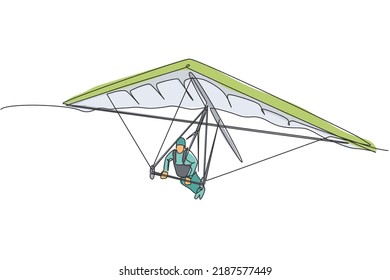 Eine fortlaufende Zeichnung des jungen, mutigen Mannes, der mit dem Drachenfliegen am Himmel fliegt. Outdoor gefährliches Extremsportkonzept. Dynamische Einzeilenzeichnung, Vektorgrafik