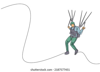 One continuous line drawing of young bravery man flying in the sky using paragliding parachute. Outdoor dangerous extreme sport concept. Dynamic single line draw design graphic vector illustration