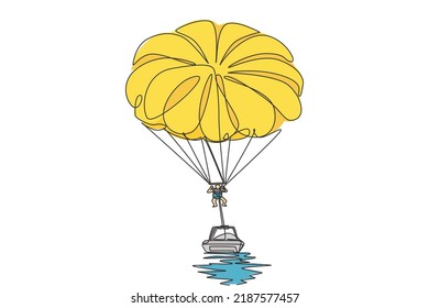 One continuous line drawing of young bravery man flying in sky using parasailing parachute behind a boat. Outdoor dangerous extreme sport concept. Dynamic single line draw design vector illustration