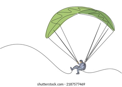 One continuous line drawing of young bravery man flying in the sky using paragliding parachute. Outdoor dangerous extreme sport concept. Dynamic single line draw graphic design vector illustration