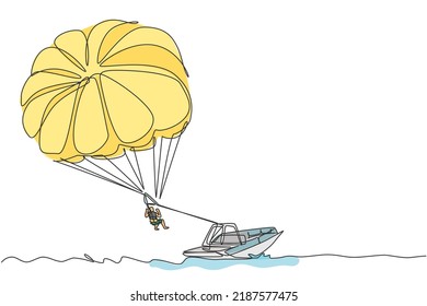 One continuous line drawing of young bravery flying in the sky using parasailing parachute behind the boat. Outdoor dangerous extreme sport concept. Dynamic single line draw design vector illustration