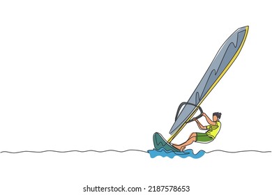 One continuous line drawing of young energetic man fun play windsurfing in the sea ocean. Healthy lifestyle sport concept. Happy tourist vacation. Dynamic single line draw design vector illustration