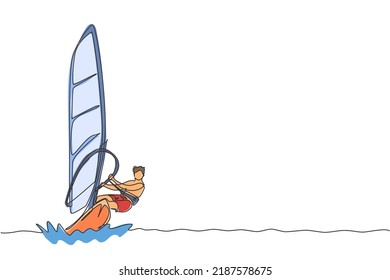 One continuous line drawing of young energetic man fun play windsurfing in the sea ocean. Healthy lifestyle sport concept. Happy tourist vacation. Dynamic single line draw design vector illustration