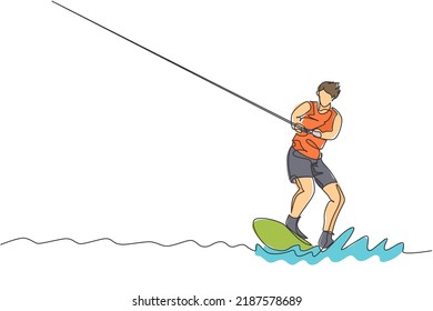 One continuous line drawing of young energetic man fun play wakeboarding in the sea ocean. Healthy lifestyle sport concept. Happy tourist vacation. Dynamic single line draw design vector illustration