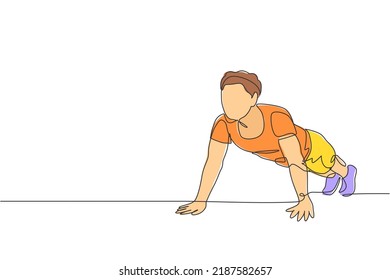 Un dibujo de una línea continua de un joven deportista trabajando empuja hacia arriba en el gimnasio club. El concepto de deporte de fitness saludable. Ilustración gráfica vectorial de diseño de línea única dinámica